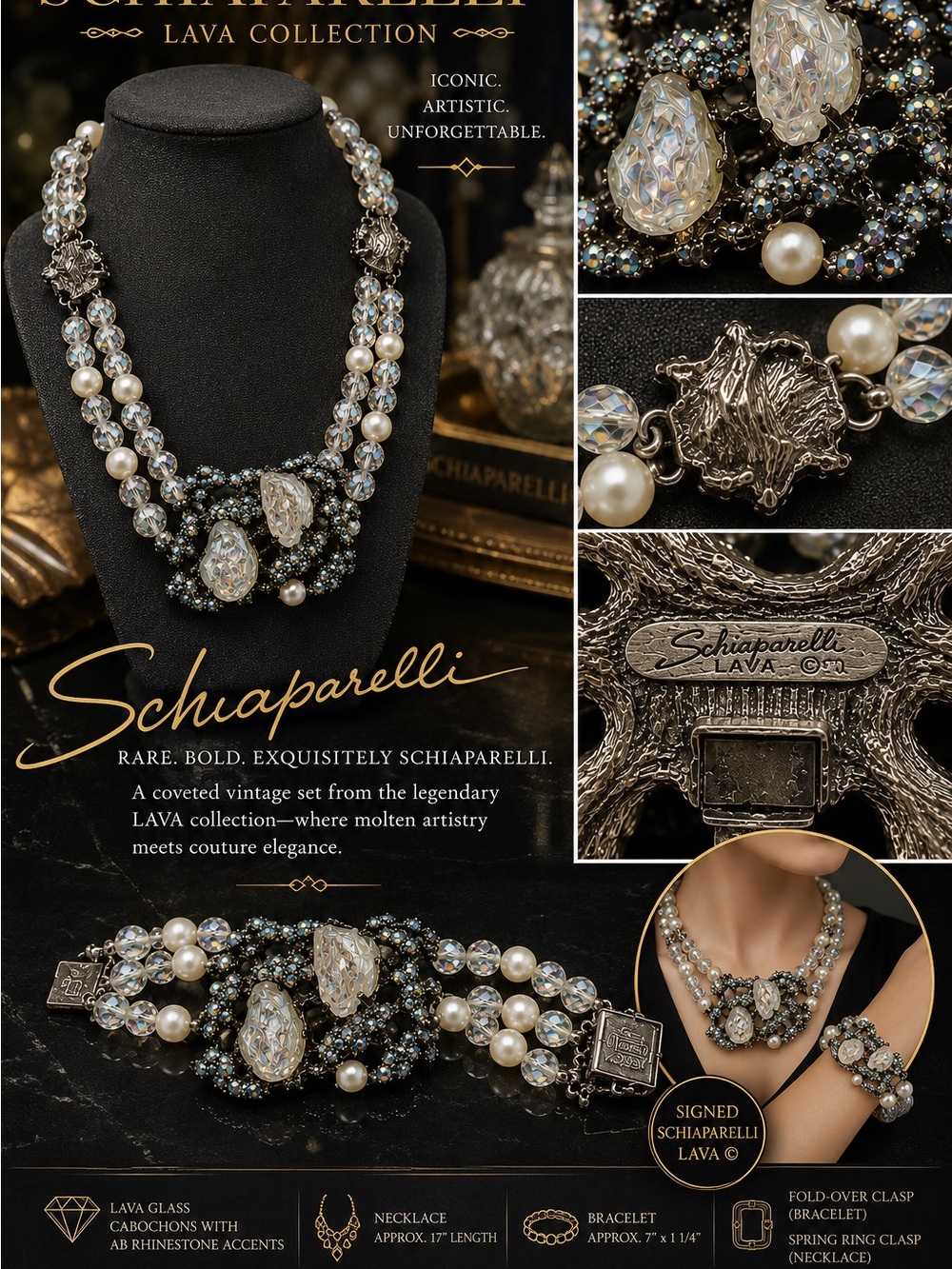 Signed Schiaparelli “LAVA” ICE Necklace & Bracelet Couture Set Rare Vintage